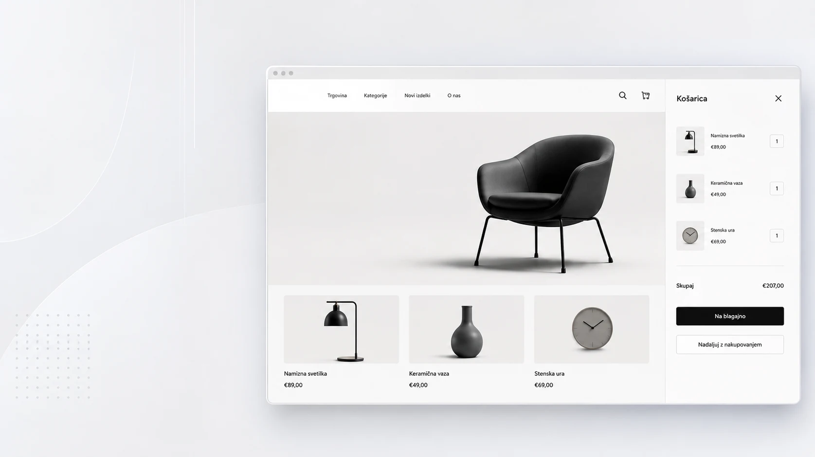 Preview of a web shop with a shopping cart and products