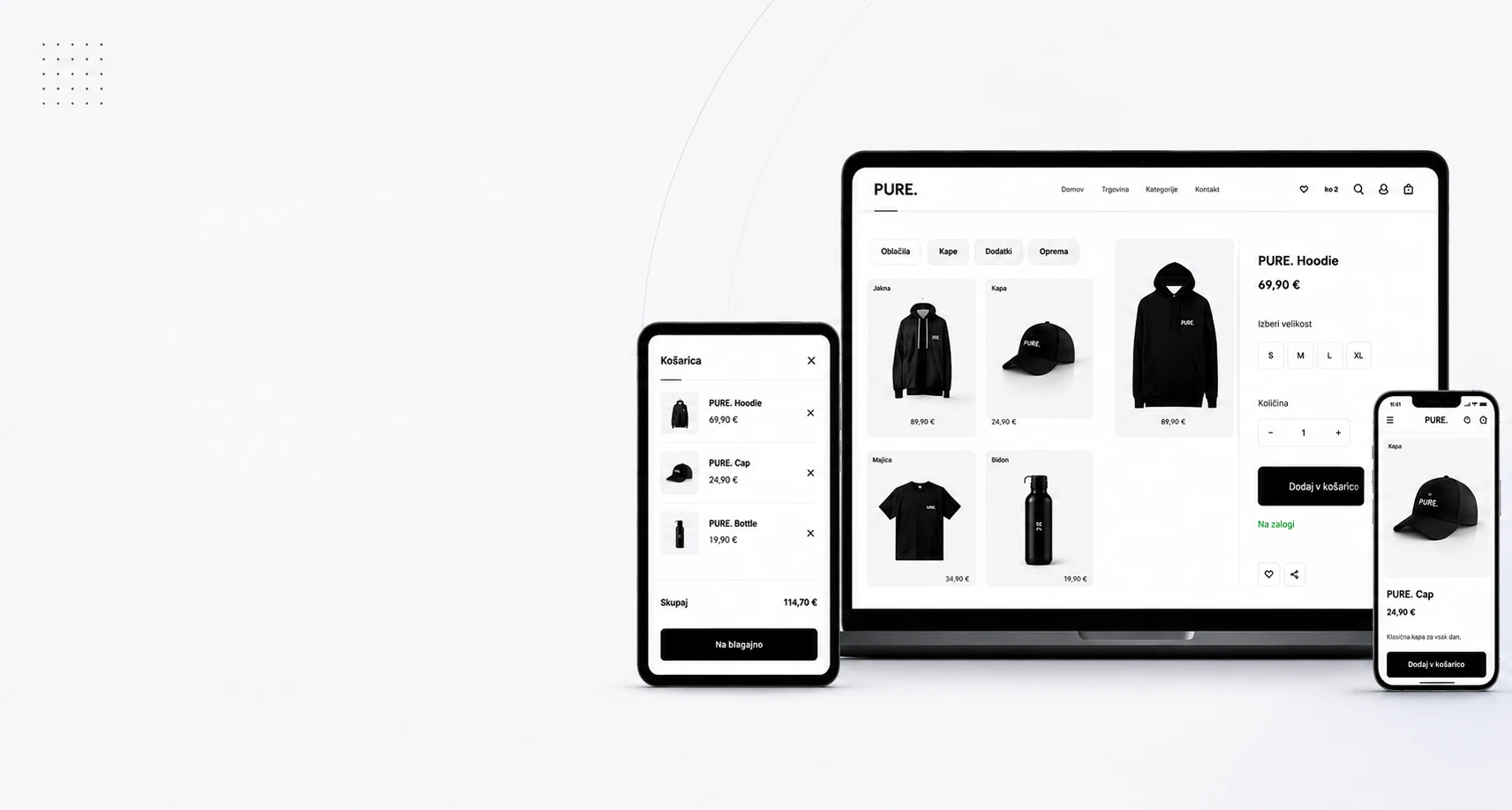 A web shop shown on a laptop, tablet and phone